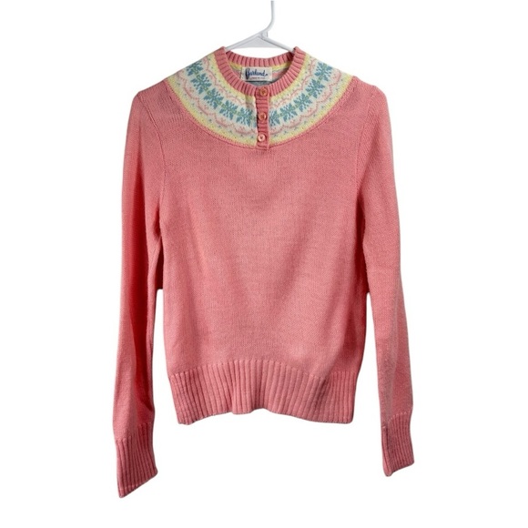 Vintage 70s Garland Size XS/S Pastel Pink Fair Isle Sweater 3 Button Neck - Picture 1 of 6